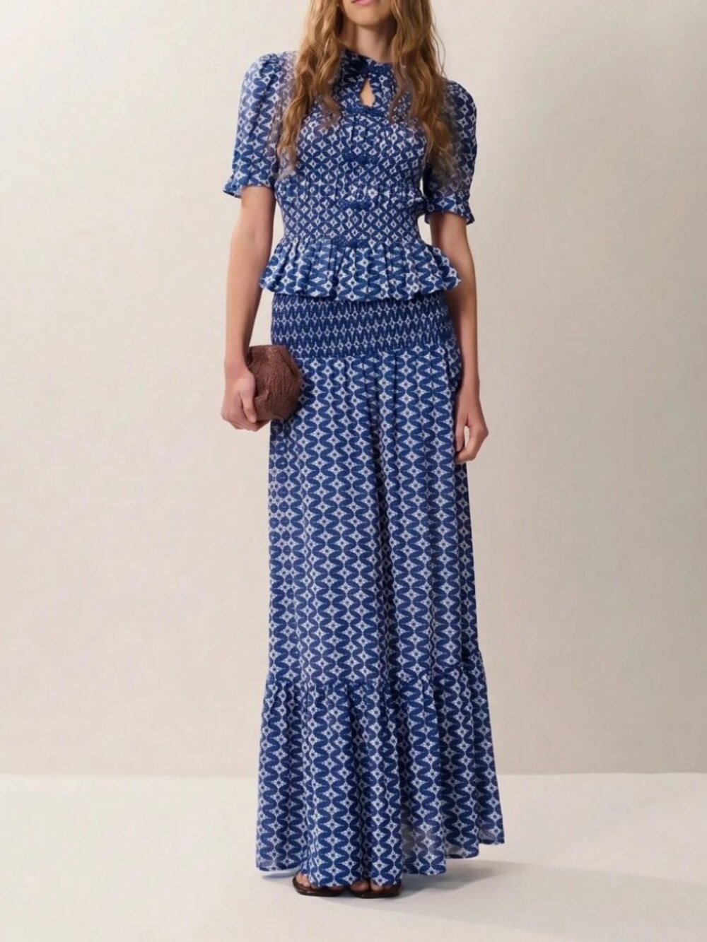 Blue Print Smocked Peplum Top & Maxi Skirt Set